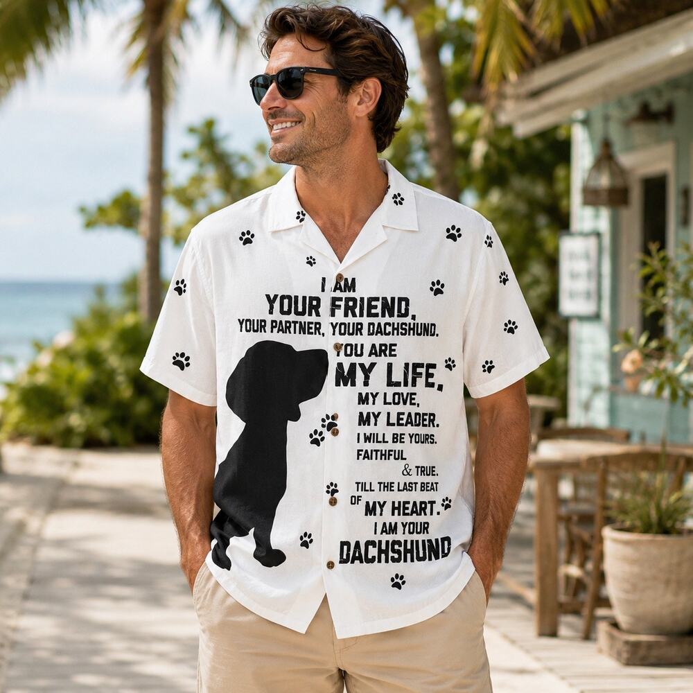Dachshund Dog Print Button Front Camp Shirt Men’s XL White Hawaiian Novelty